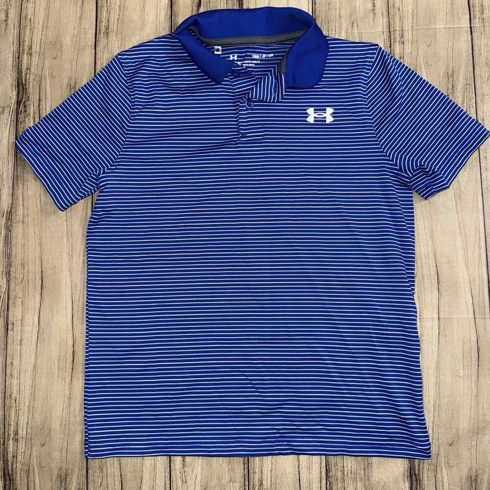 Under Armour Polo Shirt Boys Small Blue Striped HeatGear Casual Golf